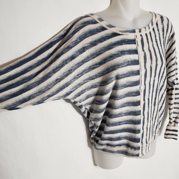 DKNY Jeans Petites Womens Size PS Top 100% Cotton Striped Blue Beige Dolman - Picture 4 of 9